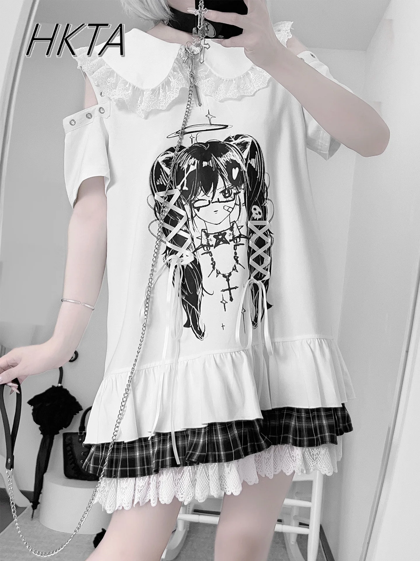 Robe blanche imprimée à bretelles dénudées pour filles, Style sous-culture, col de poupée doux et Cool, Patchwork, t-shirt Long pour femmes, nouvelle collection