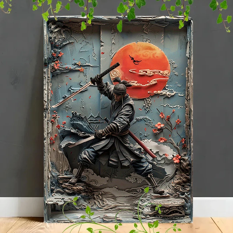 1Pc Vintage Japanese Warrior Ninja Metal Wall Painting Art Plaque Sign 2D Plane Sign for Bar Home, Garden Man Cave Bedroom Decor