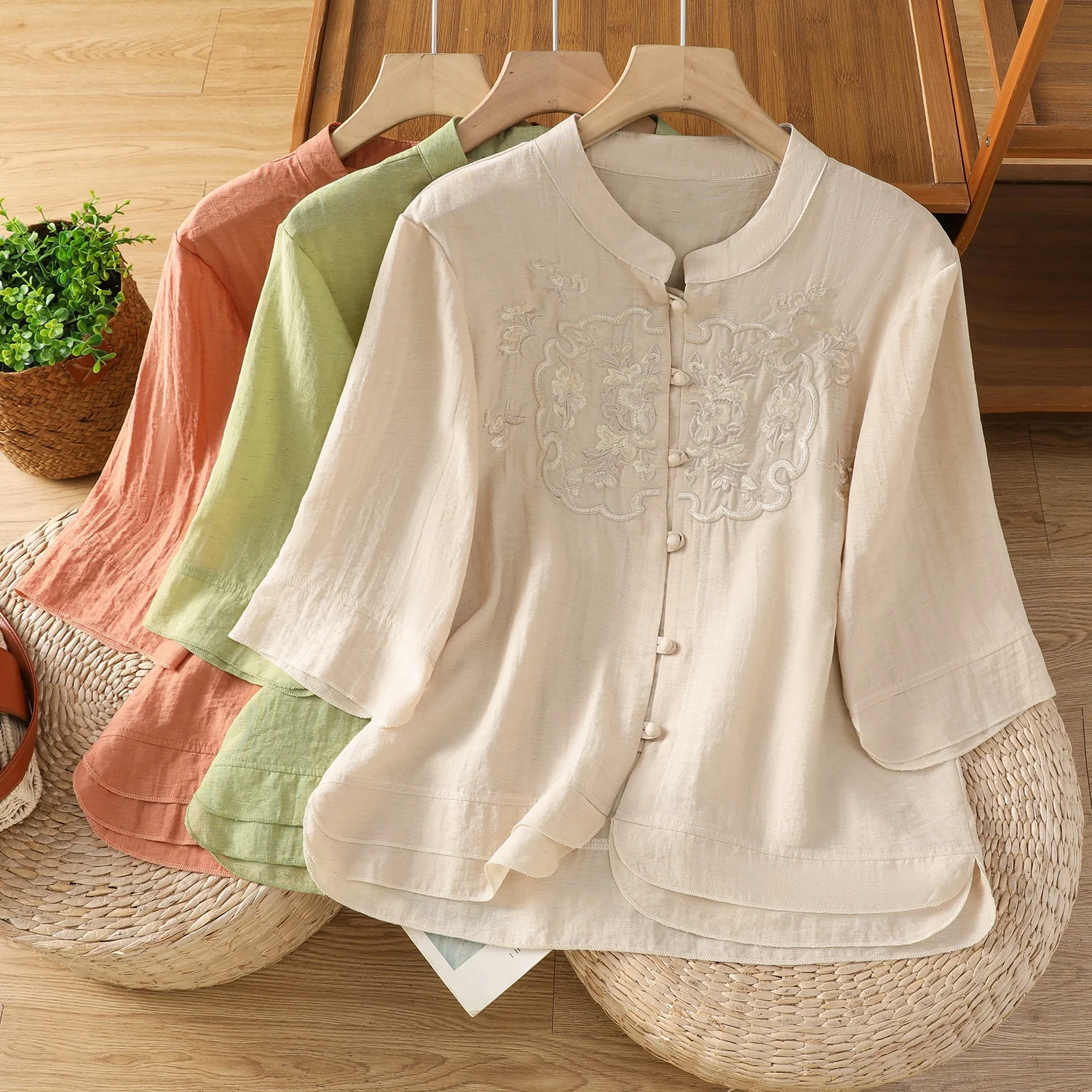 

Elegant Embroidered Cotton Linen Shirt Jacket Women's Summer New Style Brand Large Size Commute Loose Fit Regular Sleeve