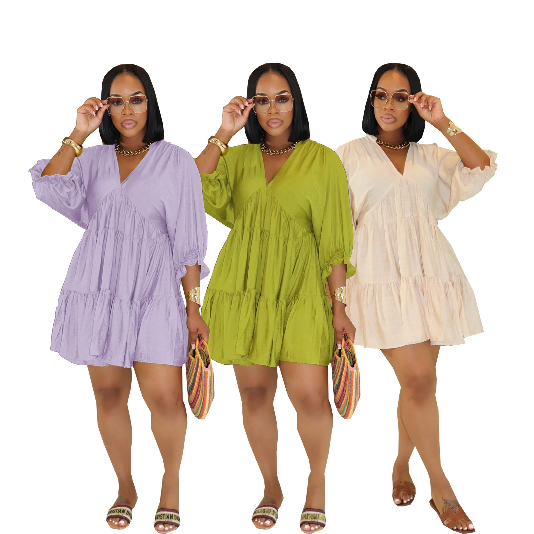 Vestido plisado con vuelo grande, moda europea y americana, color sólido, informal, con cuello en V, cintura suelta, manga de siete cuartos