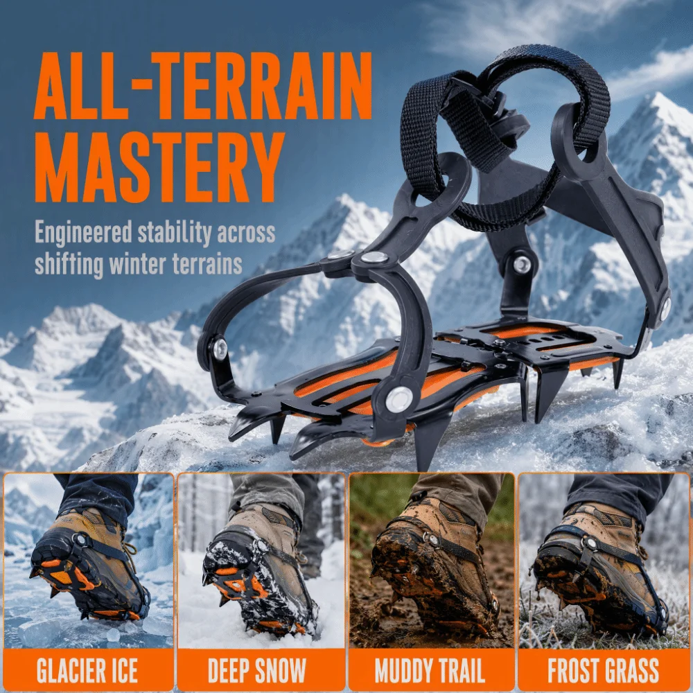 6pcs ABS Plastic Ice Crampon Manganese Steel Adjustable Length Snow Crampon Stainless Steel Rivet Nylon Webbing Traction Cleat