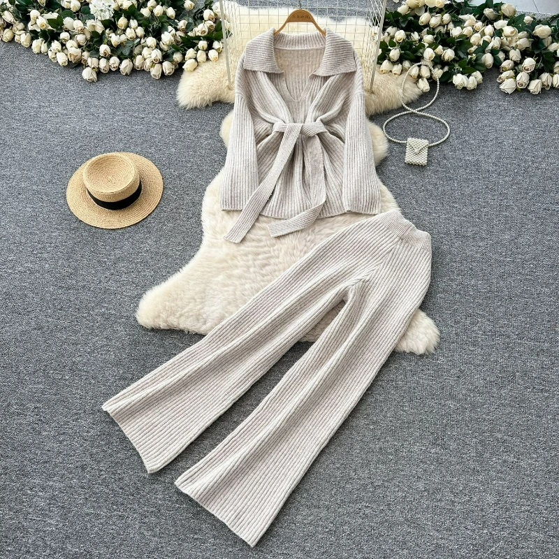 

Two Piece Pant Sets Knit Women Sweaters Lace Up Turn Down Collar Solid Wide Leg Pants Splice Casual Suits Slight Strech