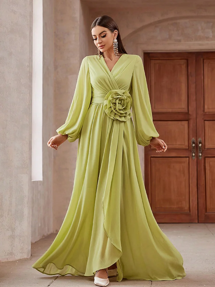 TOLEEN-Women\'s Monochromatic Evening Dress, 3D Floral Decorated, Lantern Sleeve, Maxi Cocktail Dress, Luxury Elegant Party, 2024