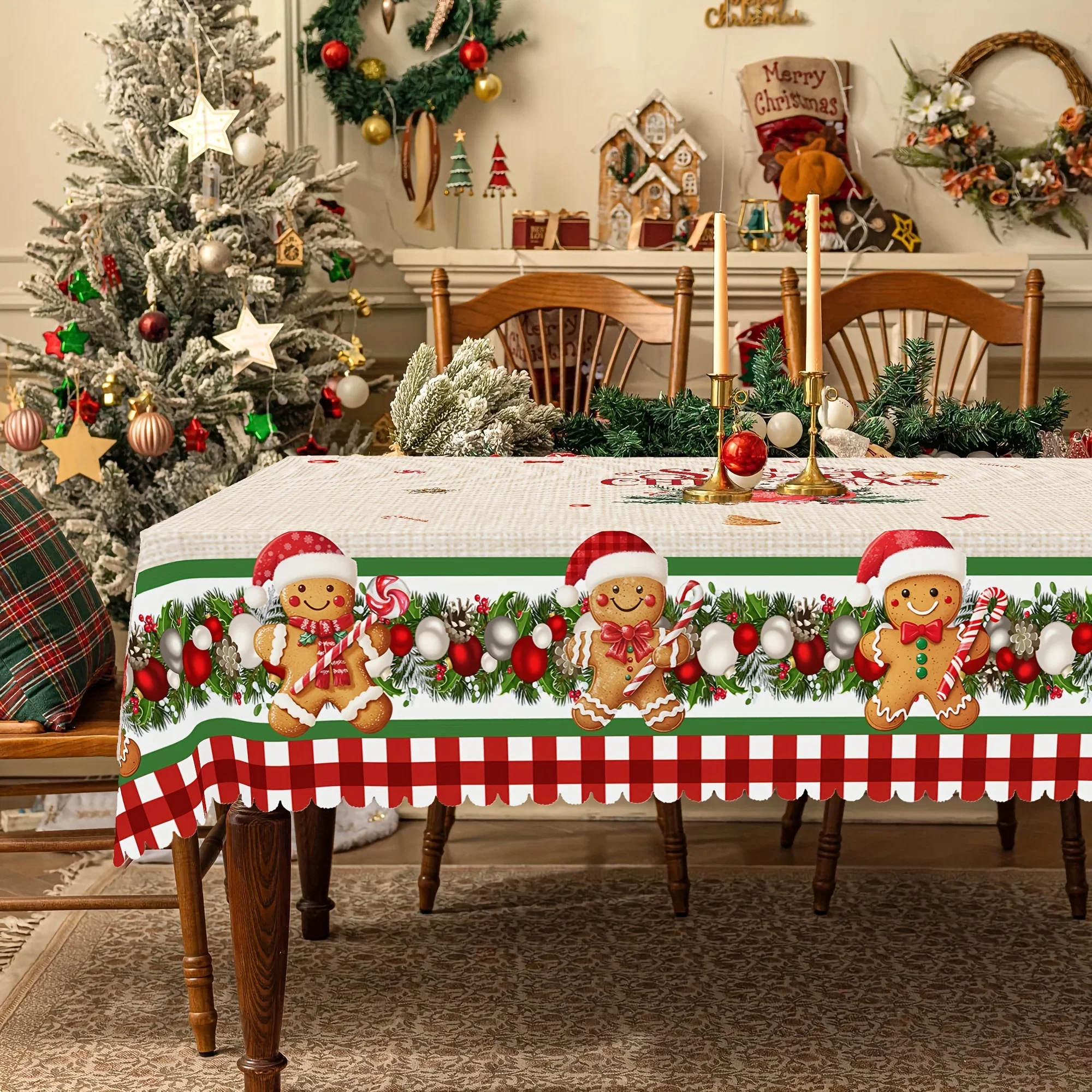 Christmas Gingerbread Man Candy Rectangle Tablecloth for Table Decor Winter Xmas Kitchen Dining Table Cloth Christmas Decoration