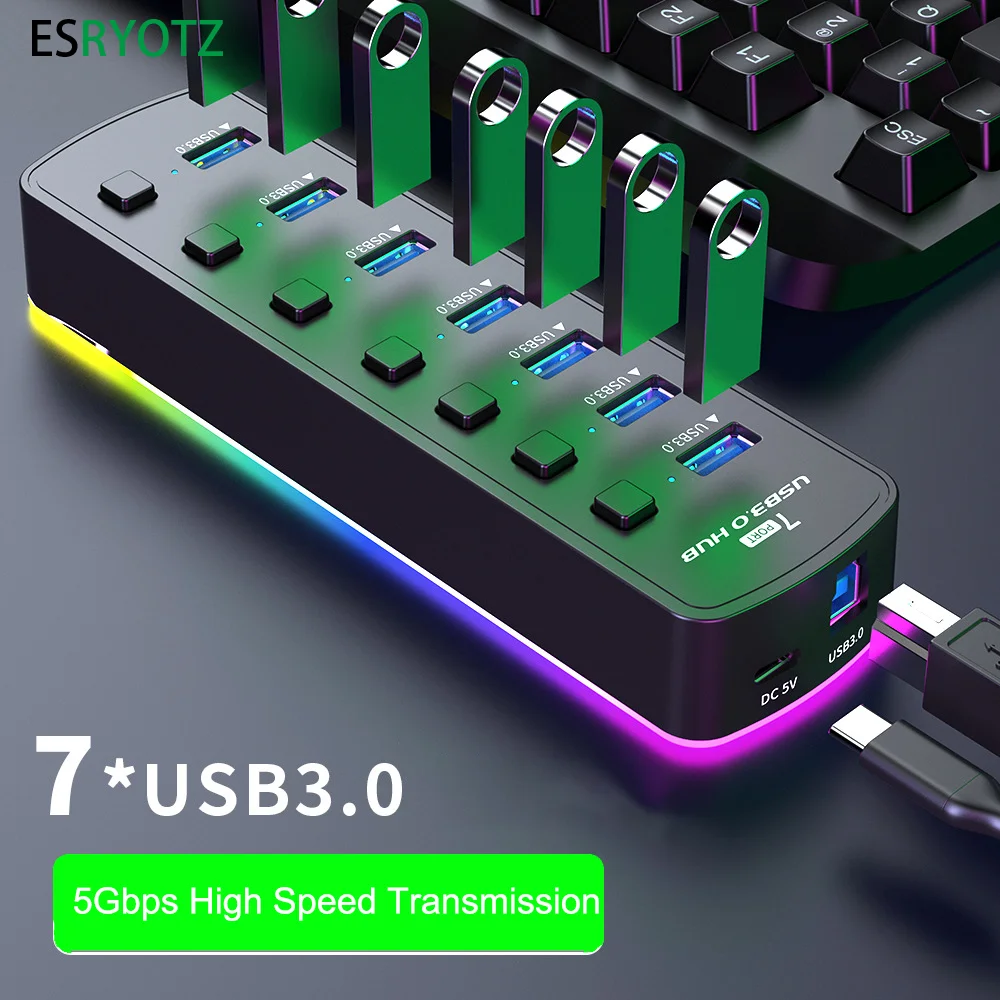 

7 In 1 RGB Desktop Switch USB Hub 3 0 Adapter Splitter blinky led 5Gbps High Speed Charging led Indicator For Pc Laptop Macbook