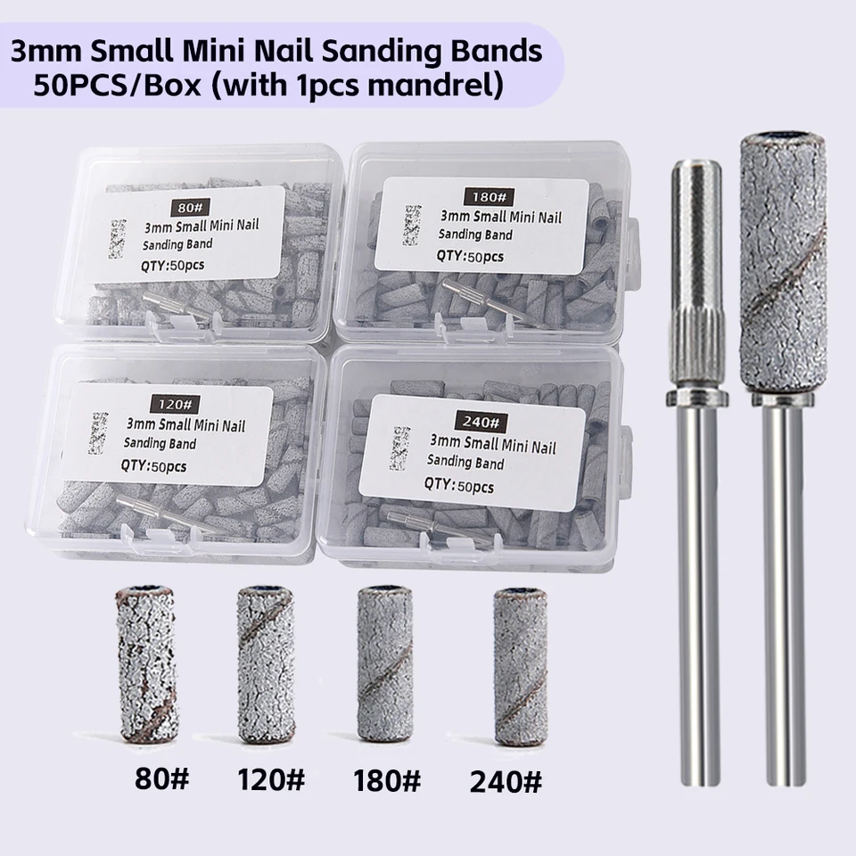 Set de 50/100 piezas de bandas de lijado pequeñas de 3mm para torno de uñas, fresado y manicura de salón, granos 80/120/180/240, accesorio de papel de lija 2