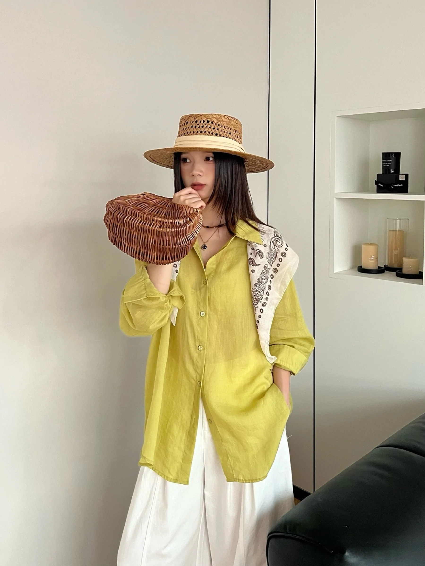 

Women's Casual Loose Long Sleeve Shirt Summer Folded Design Slimming Fashion Korean Style Silk Scarf Matching Top 0412