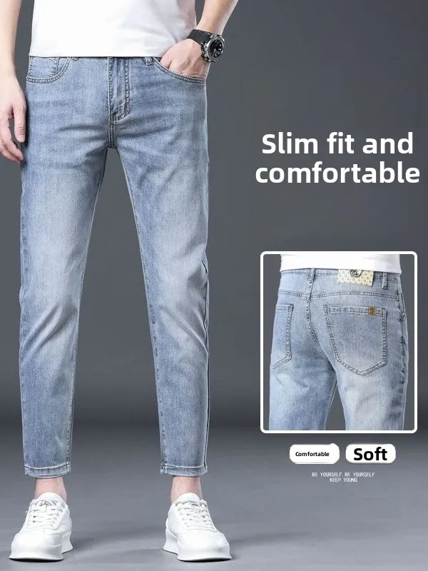 

Hong Kong Ice Silk Nine-Tenths Jeans Men Slim Fit Casual Lightweight Summer New Sle Blue Cotton Stretch Denim mid Waist Zipper