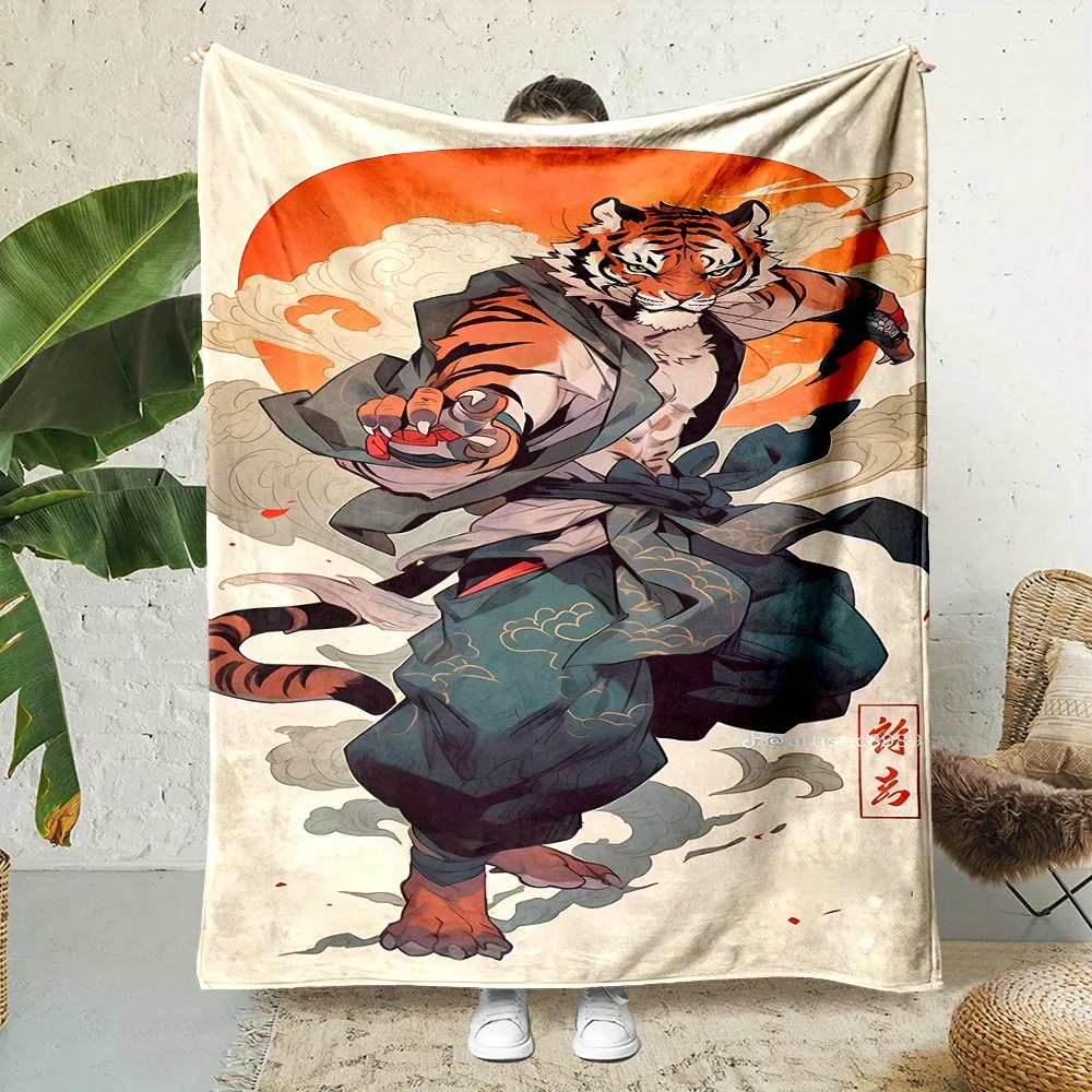 

Двустороннее фланелевое одеяло с изображением заката боевых искусств «Тигр» — мягкий полиэстер, всесезонное использование, легкий и уютный для