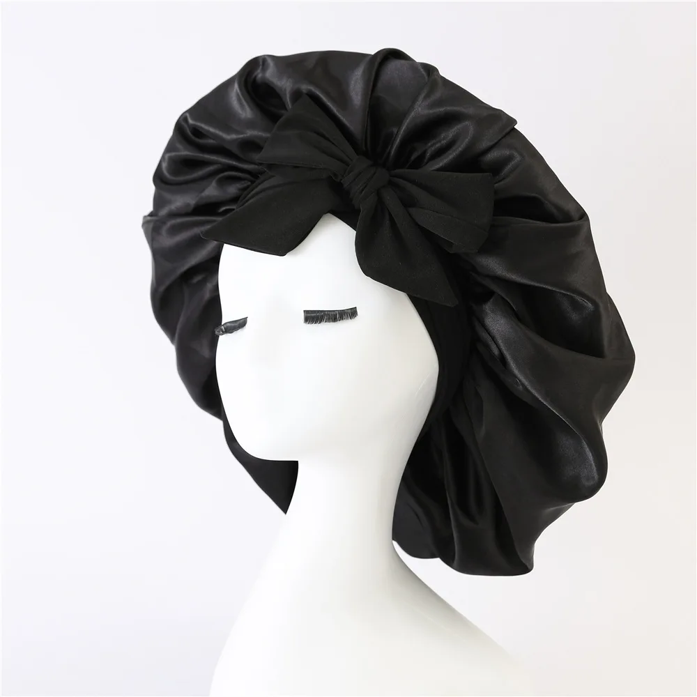 New Satin Solid Sleeping Hat With Stretchy Tie Band Elastic For Women Night Shower Cap Adjustable Hair Head Cover Bonnet Turban