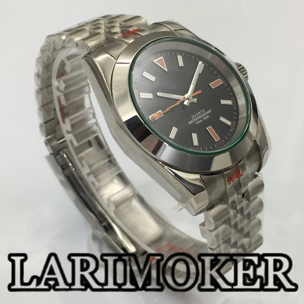 LARIMOKER 36mm/39mm Ronda515-12h Polished Men's Quartz Watch Green Sapphire Glass Black White Dial Lightning Hand Steel Bracelet