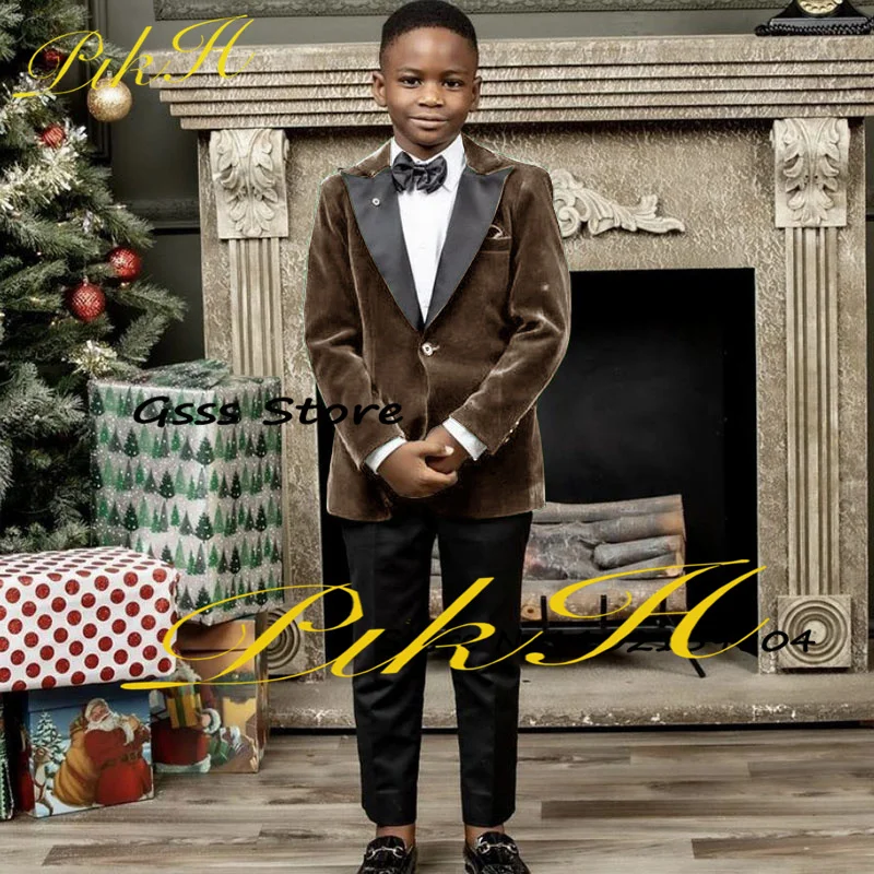 Velvet Boys Suit 2 Piece Kids Blazer Set Wedding Tuxedo Point Lapel Jacket Pants Party Slim Fit Tailored Dress