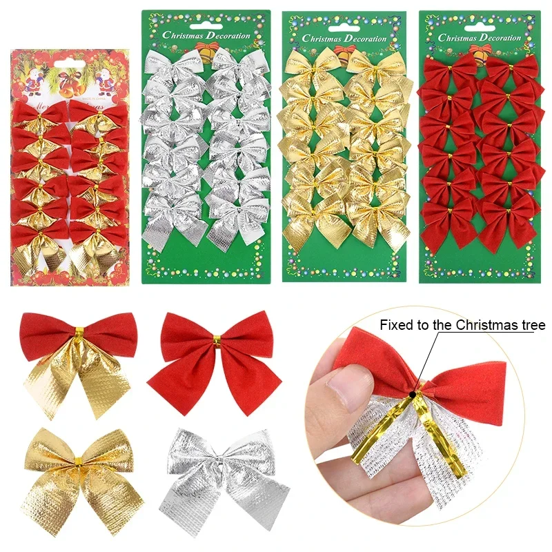 12/24pcs Mini Bows Wedding Christmas Decorations For Home Gold Red Bowknot Xmas Tree Ornaments DIY Gift Packaging Bows Decor