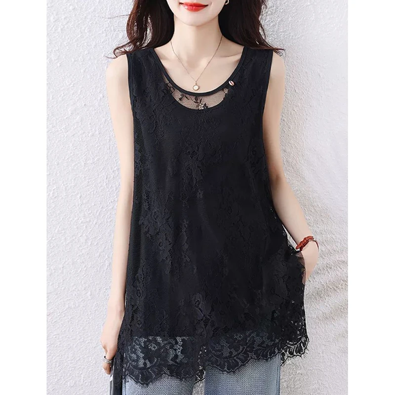 

Fashion V-Neck Sleeveless Spliced Lace Tank T-Shirts Female Clothing Summer New Loose All-match Top Korean Tee Shirt