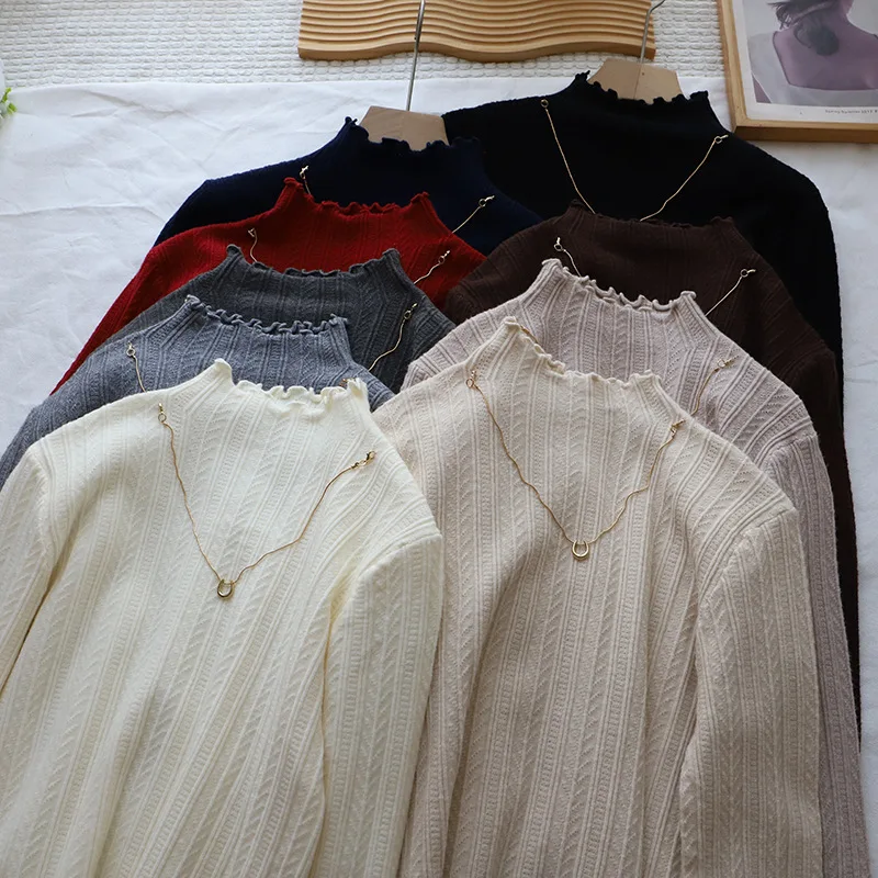 

Белый вязаный базовый слой, женский внутренний свитер с высоким воротником, новинка 2025 года, свитер с деревянной каймой, Премиум Feeling