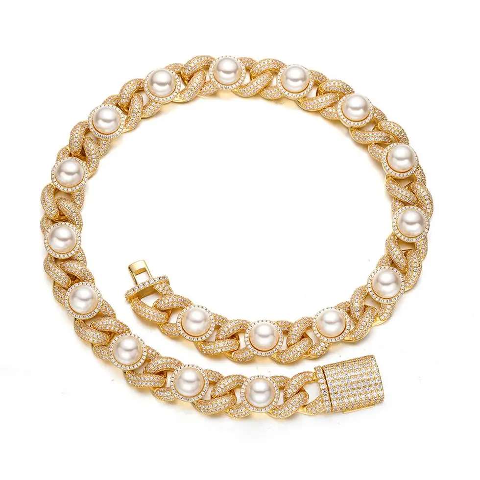 

High Quality Jewelry 15mm Bling Iec Out Zircon Diamond Paved 925 Sterling Silver Cuban Link Chain Necklace