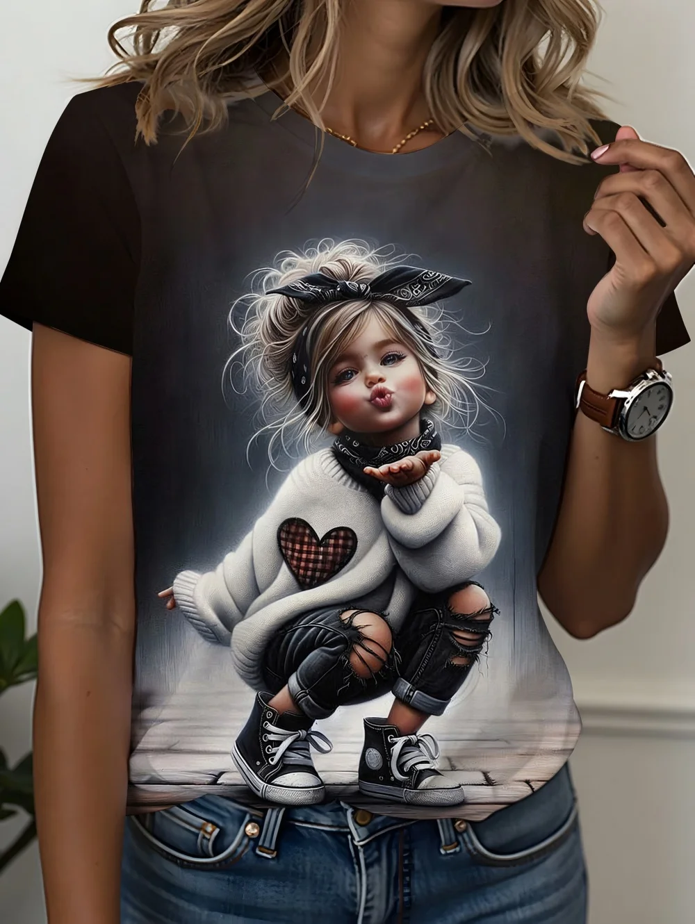 3D-gedrucktes T-Shirt mit Grafik eines kleinen Mädchens für Damen, kurze Ärmel, Sommer, lässige Streetwear, O-Ausschnitt, Tops, übergroße Damenbekleidung – Detail 3