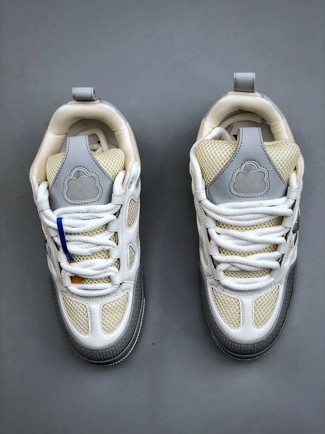 Men Women Beige Gray Patchwork Mesh Thick Sole Sneakers Breathable Mesh PU Splicing Casual Shoes Retro Couple Lace-up Street Skate Shoes