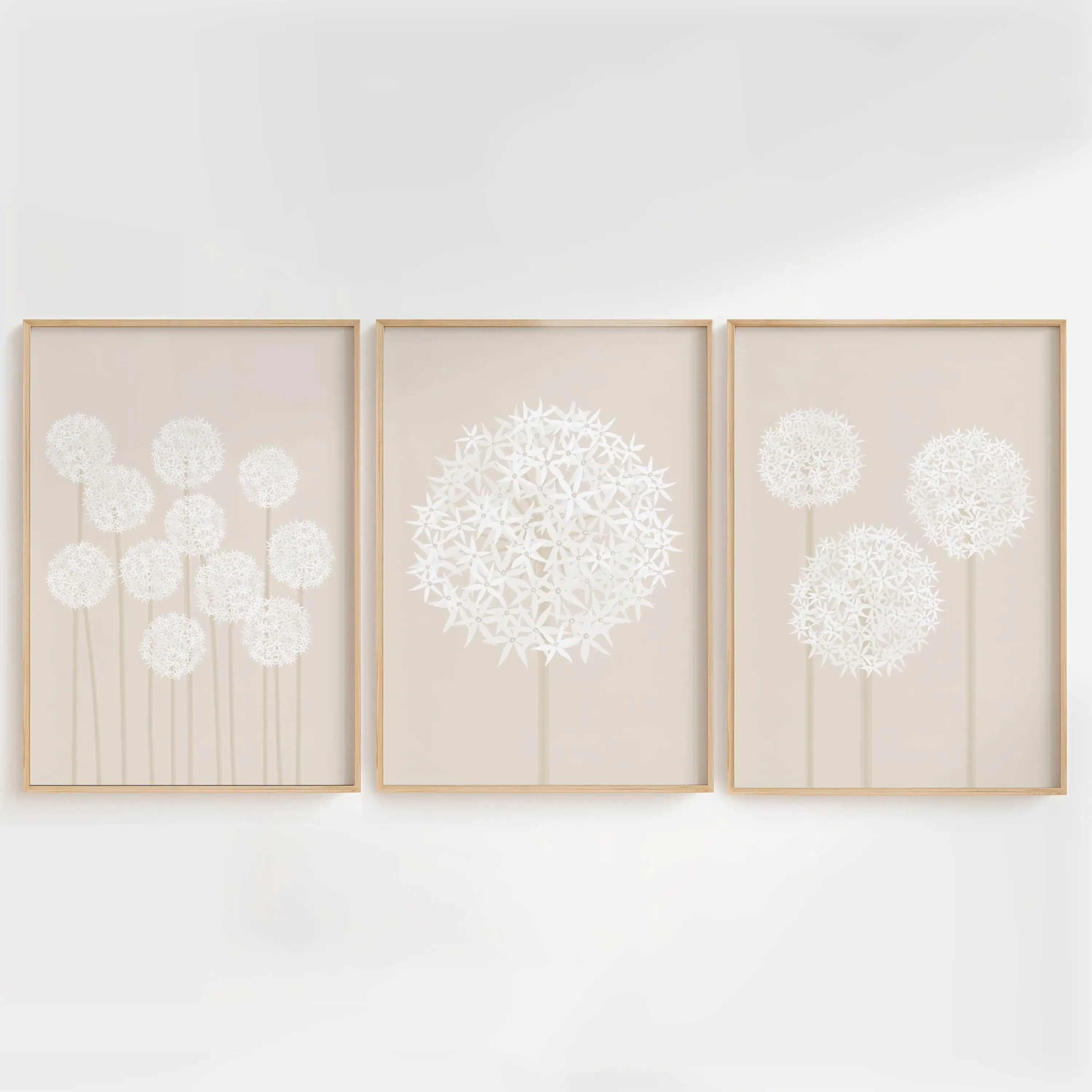 3pcs Nordic Minimalist Neutral Beige Floral Art Posters Plant-Themed White Allium Frameless Canvas Prints Home Decor for Bedroom