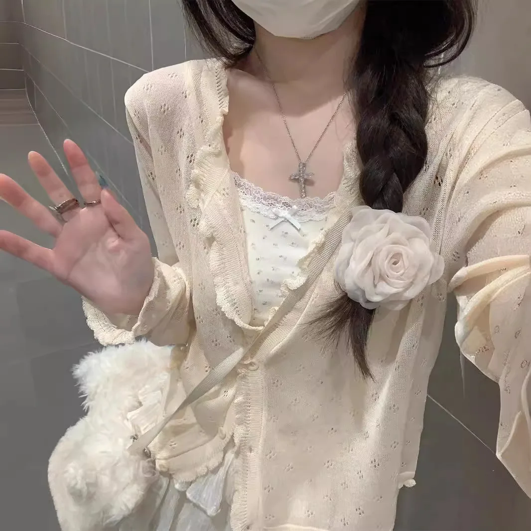 Cardigan Tops Women Korean Popular Hollow Out Thin Sun Protection Knitted Crop Sweaters Summer Chic All-match Loose Long Sleeve
