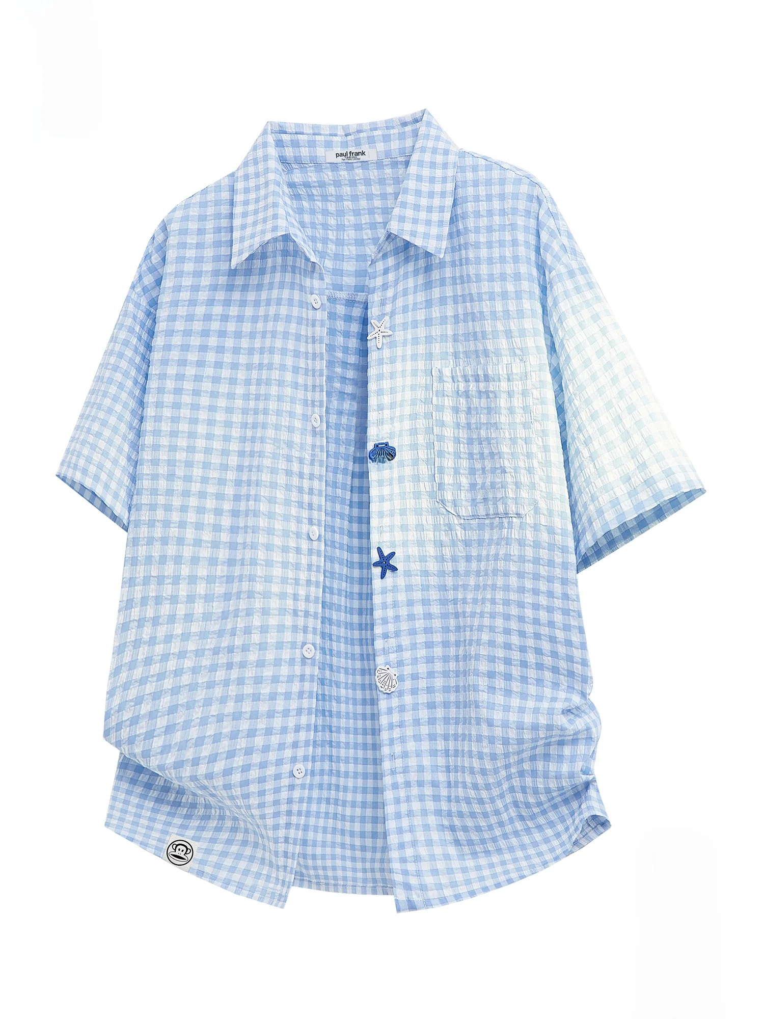 

Рубашка PaulFrank Blue Bubble, повседневная, из хлопка и полиэстера, мужская, летняя, с короткими рукавами, на пуговицах, с мультяшным принтом обезьяны, свободного кроя