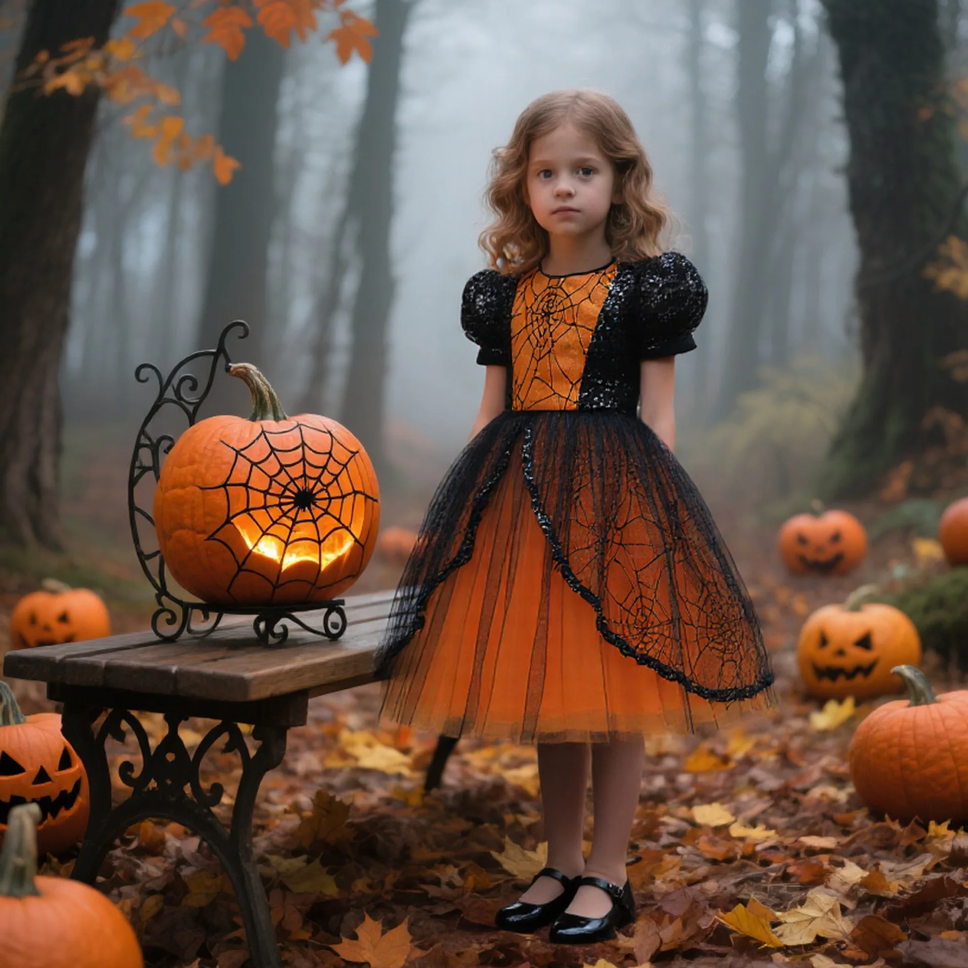 Fashion Lace Sequin Princess Dress Girl Cosplay Halloween Costume Spider Web Pattern Witch Pumpkin Dress Party Evening Dress