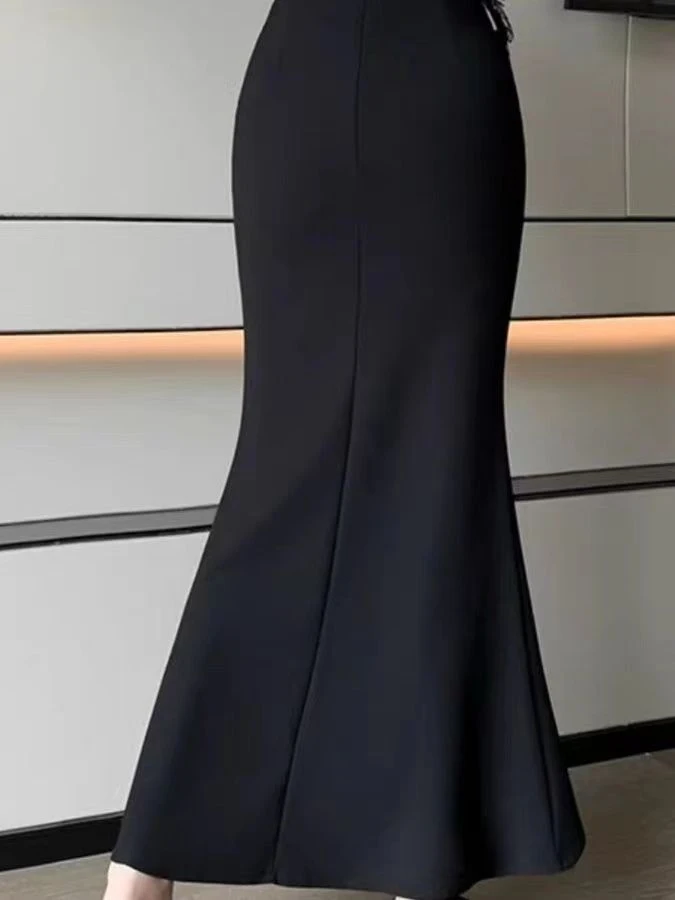Fashionable Korean Style Pure Color Elastic Waist Fish Tail Skirt Autumn New Arrival plus Size Women's A-Line Midi Skirt view 2