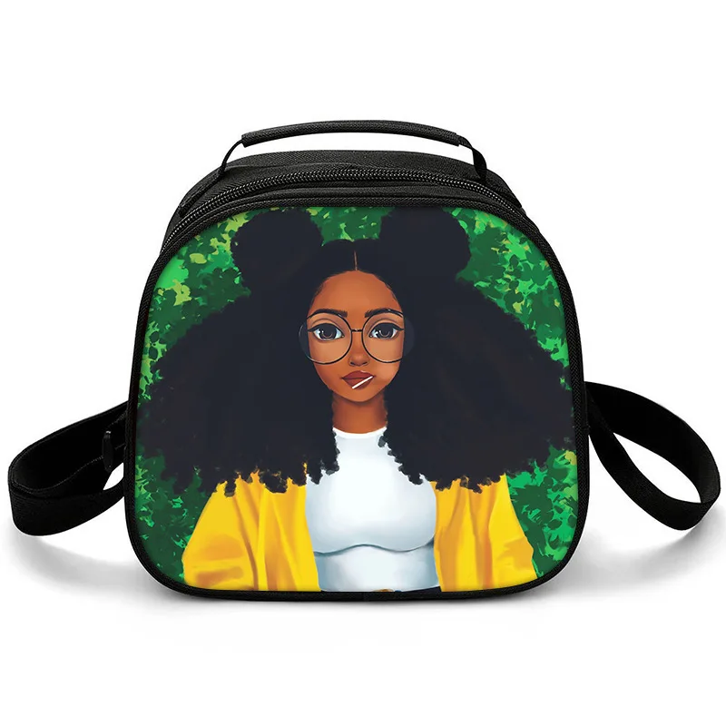 

Cartoon Crossbody African girls Semicircle Lunchbox Thermal insulation Food Lunch Bag 3D Printed Insulated Handbags Ice Bags