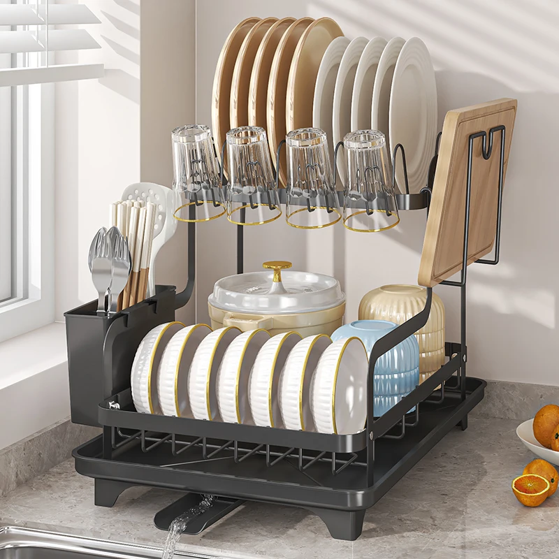 رف تجفيف الأطباق، مصفاة أطباق بطبقتين فوق الحوض، سعة كبيرة مع لوح تصريف وحامل أواني، تصريف تلقائي، غير قابل للانزلاق #5