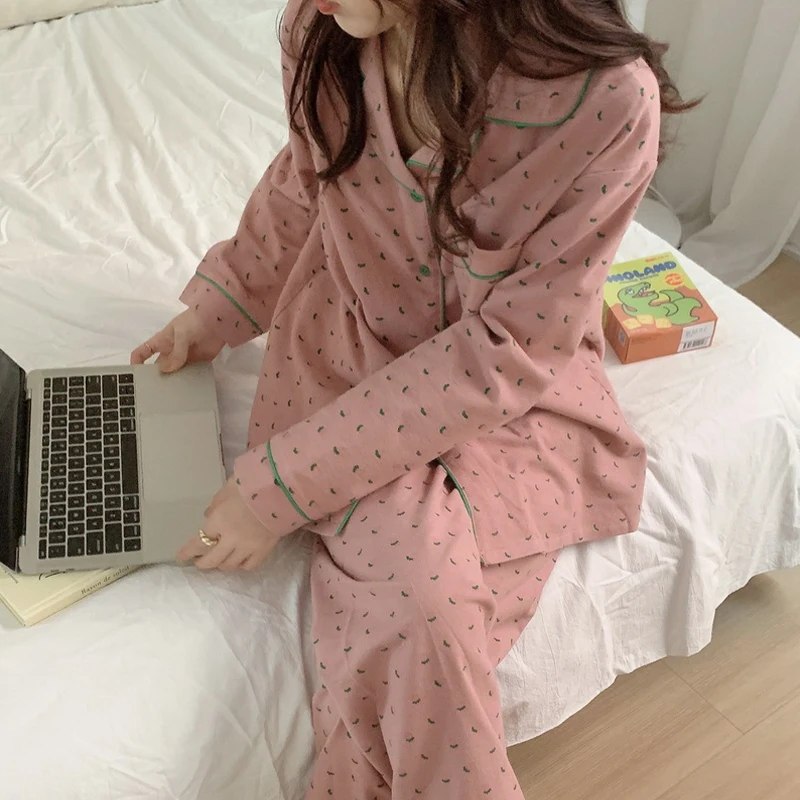 Sleepwear Korean Pajamas Women Cute Heart Print Long Sleeve Female Pajamas Set