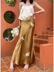 Acetate Magnolia Embroidered Fishtail Halter Dress Niche Design Luxury Elegant High Long Skirt 2024 Summer New in Woman Clothing