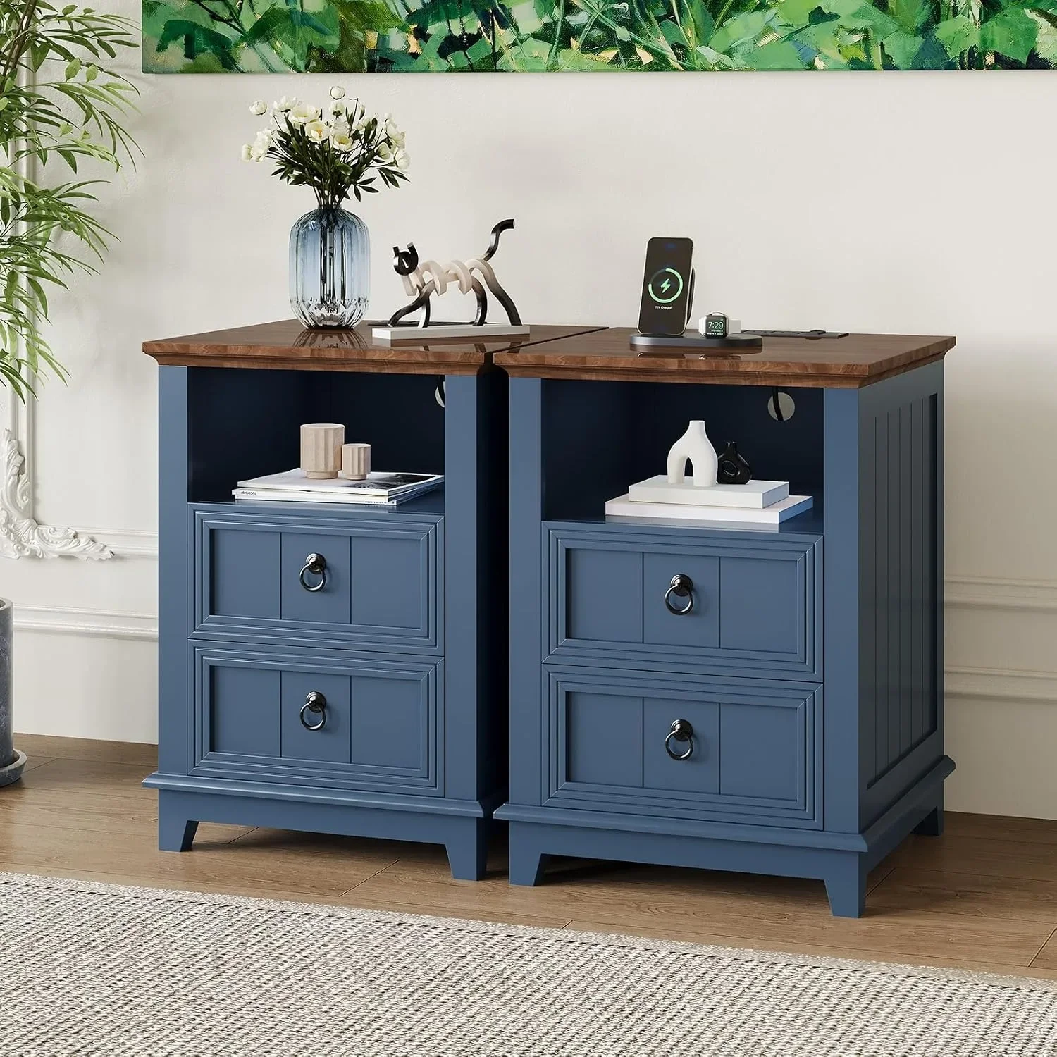 Modern Fluted Nightstand with USB Charging Station, 2 Drawer Side Table with Open Storage Shelf, Wooden Bedside Cabinet for Home