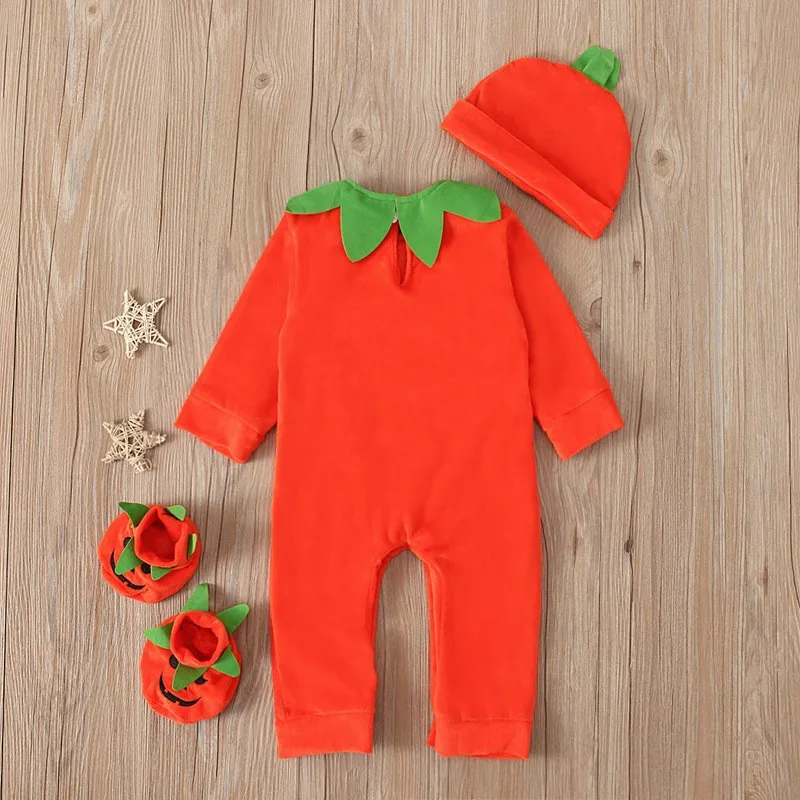 Halloween Costume Jumpsuit Set para bebês meninos e meninas, manga comprida, fofo Pumpkin Face Print Romper, chapéu, sapatos, roupas, infantil, 3pcs