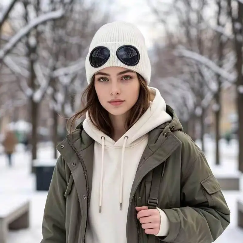 Knitted Goggles Hat Windproof Warm Woolen Hats Elastic Soft Warm Anti-slip Ear Protection Unisex Crew Hat For Men And Women