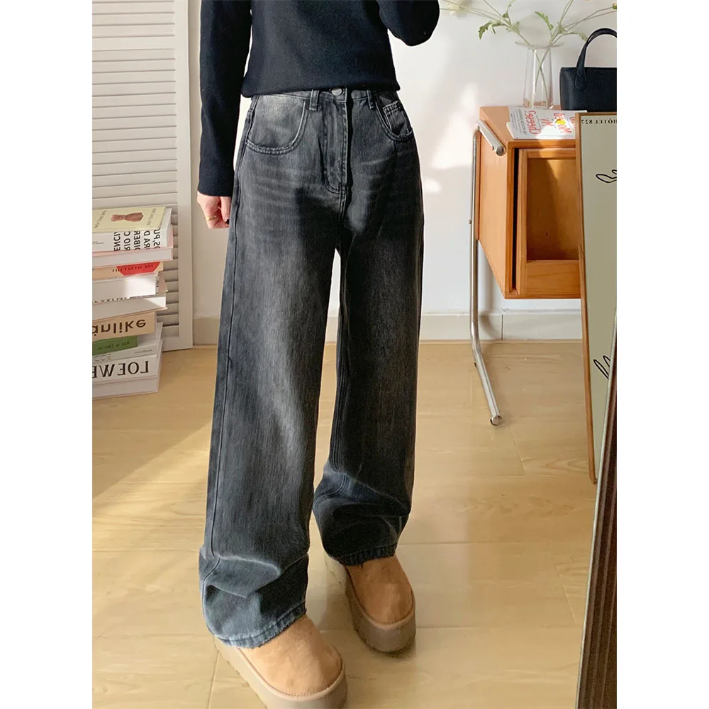 

Casual ey Bla Denim Jeans Women's Autumn Winter Loose Slimming Wide Leg Pants Trendy Personali Small Stature