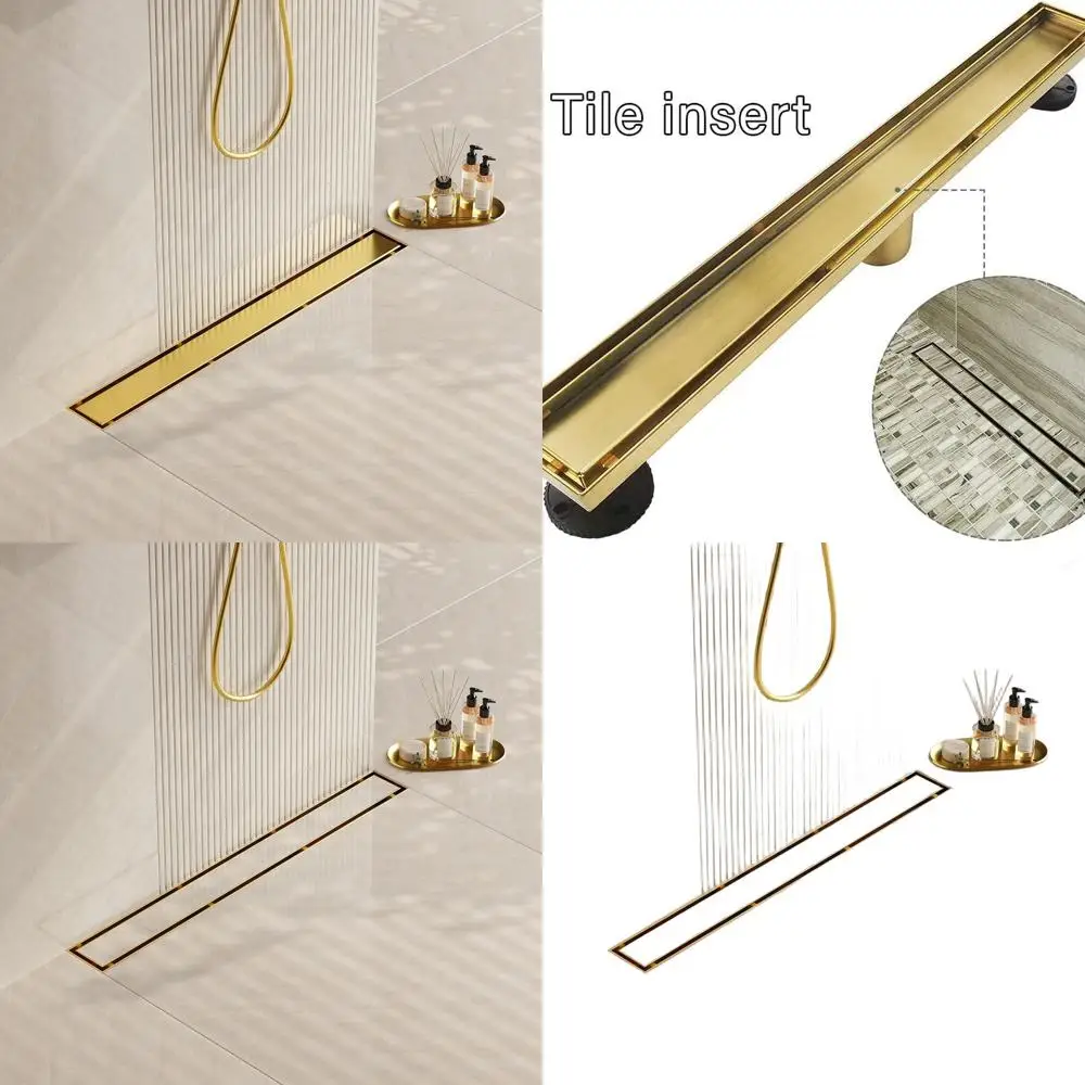 

30 Gold Stainless Steel Shower Drain with Flat & Tile Insert, Brushed Brass Cover, Hair Strainer, Certified