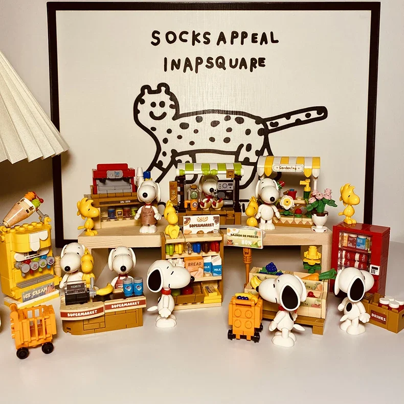 8 sztuk Snoopy Supermarket codzienne klocki montaż Model pies Mini cegły rysunek Snoopy House zabawki na prezenty świąteczne