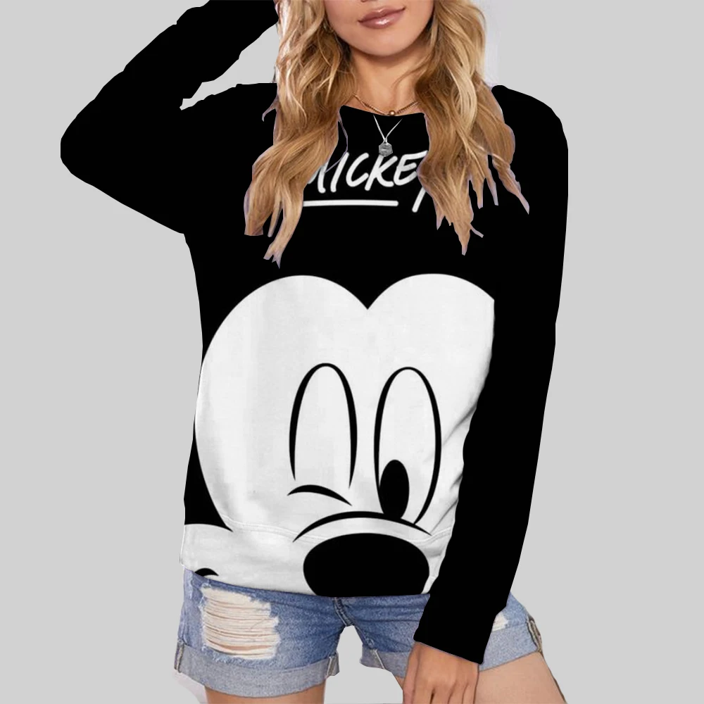 

2024 Fall New Women's Fashion Casual Sweatshirt Disney Mickey and Minnie Print Crew Neck Long Sleeve Ladies Pullover