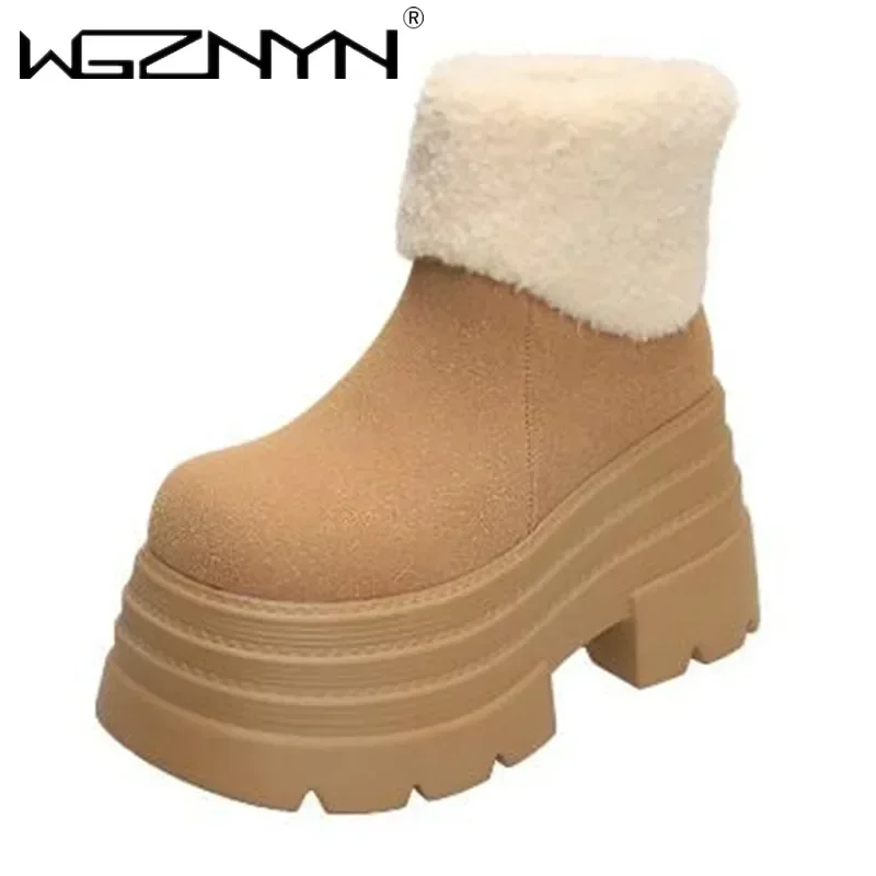 2026 inverno botas de neve quentes das mulheres ao ar livre sapatos de tornozelo de pelúcia anti-skid tênis de couro grosso bota de pele curta botas mujer 10cm