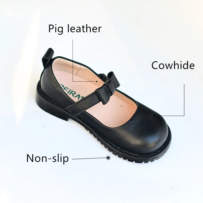 Genuine Leather Girls school Shoes Full grain Leather Lolita style Lovely Bow Children\'s casual Shoes Spring Autumn Kids Flats