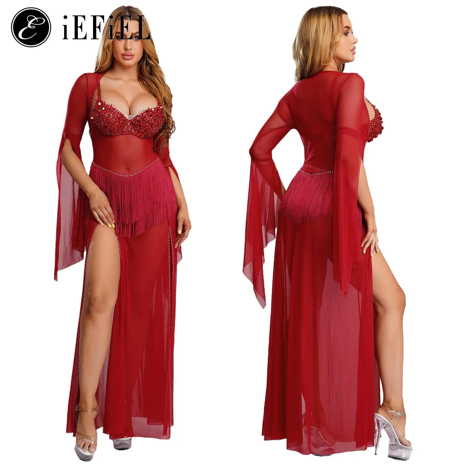 Vestido feminino egípcio para dança do ventre, manga sino, borla, cintura, malha, strass, bainha, maxi vestido, casamento, boate