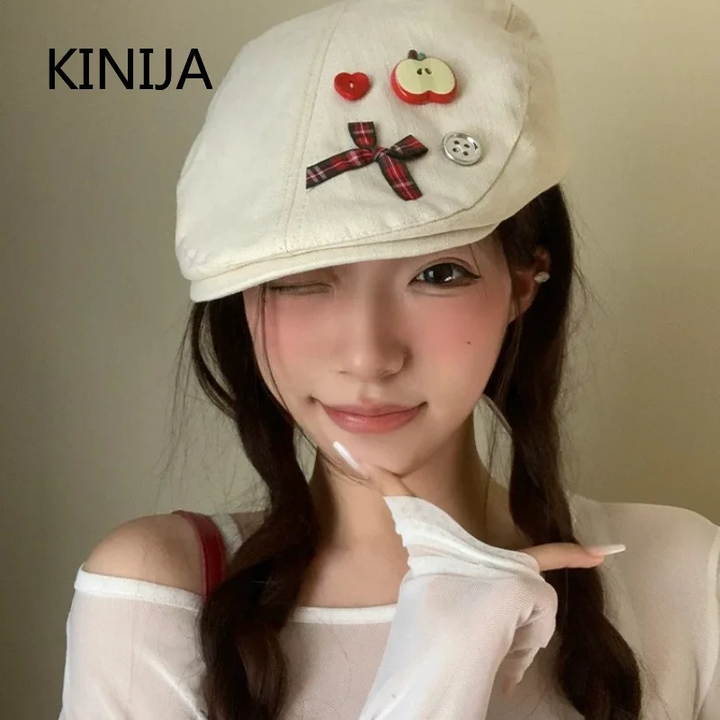 Niedliche Y2K-Beanie-Mütze mit Schleife, kurzer Krempe, Vintage-Entenschnabel-Baskenmütze im Cartoon-Stil, Forward-Style-Hut für Freizeitkleidung, koreanischer Mädchen-Look