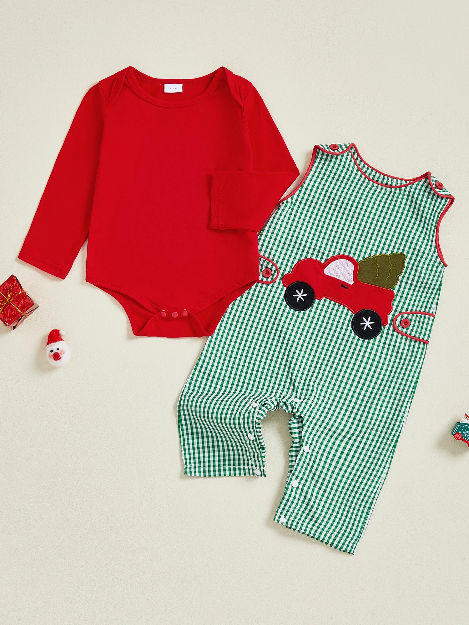 

Toddler Boy Holiday Outfit Red Plaid Shirt and Suspender Pants Set with Reindeer Embroidery Detail - 2 Piece Christmas Ensemble