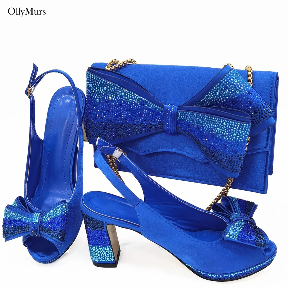 

African Summer Woman Shoes And Bag Set Fashion Elgeant Rhinestone Pumps Shoes And Bag Set For Party Wholg Bag Set For Party