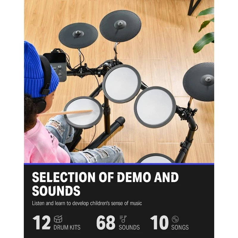 Electric Drum Set with 4 Quiet Mesh Drum Pads, 2 Switch Pedal, Portable and Solid Drum Set with Type-C Charging, 68+ Sounds