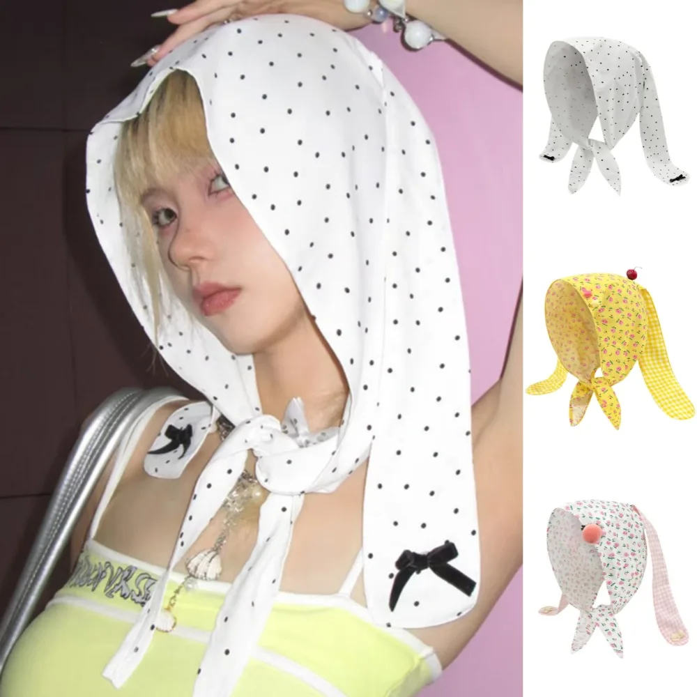 

Turban Y2K Korean Lop Ear Rabbit Hat Sweet Polka Dot Floral Hair Scarf Peach Bowknot Pullover Cap Vacation