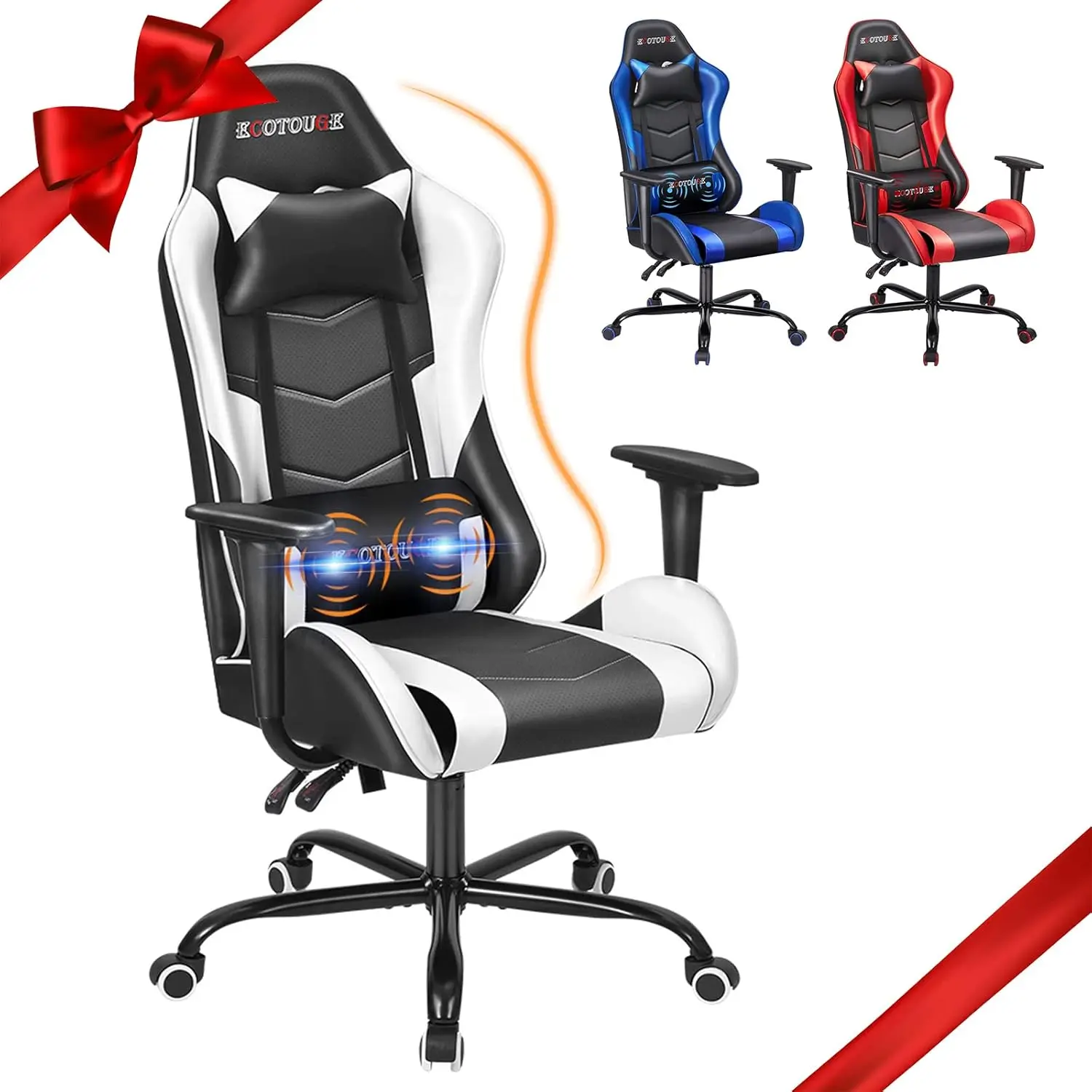 PC Gaming Chair Massage Ergonomic Office Desk Chair Racing PU Leather Recliner Swivel Rocker with Headrest and Lumbar Pillow,