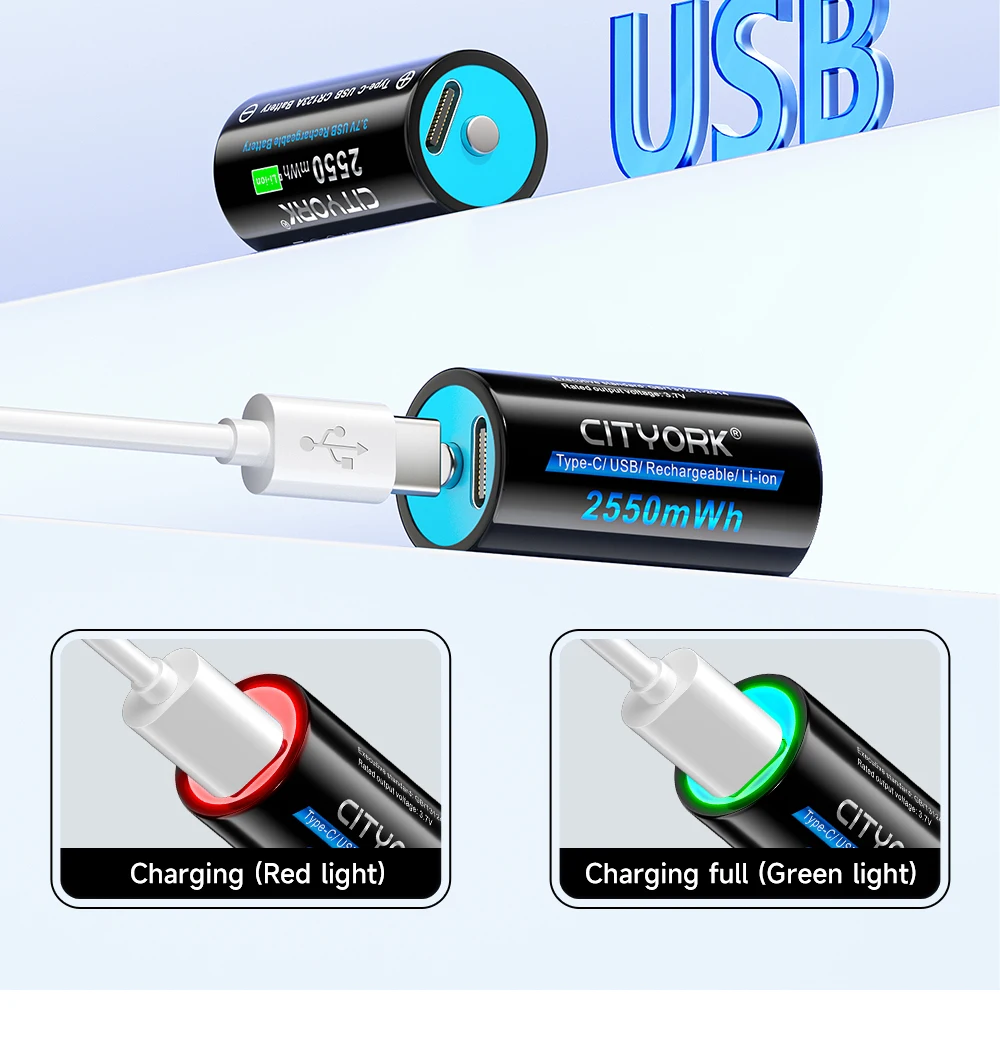 CITYORK CR123A Akku 2550 mWh 3,7 V wiederaufladbare Li-Ion 16340 Akkus 16350 RCR123 Akku für LED-Taschenlampe + USB-Typ-C-Kabel – Detail 10