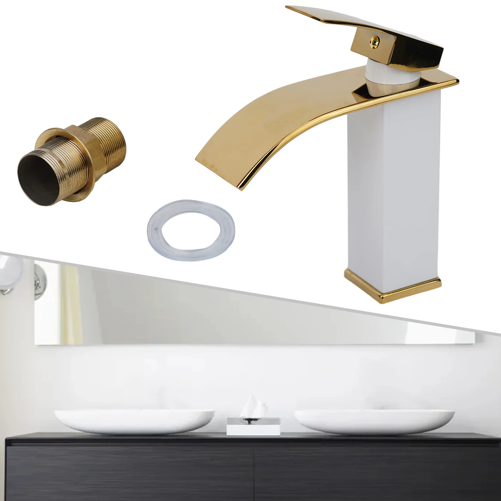 

Gold Basin Faucet Deck Mounted Single Lever Waterfall Brass Bathroom Tap Hot Cold Water Mixer Tap Washbasin Dual Control Faucet