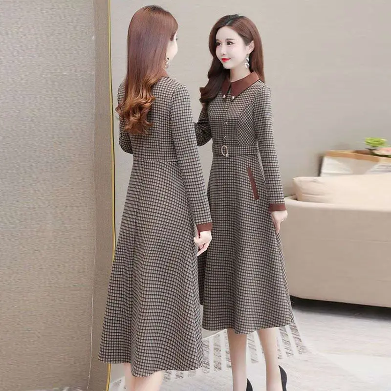 Women\'s Clothing 2023 Elegant Slim Temperament Fashion Casual Autumn Winter Thin Printing Patchwork Pocket Long Sleeve Dresses